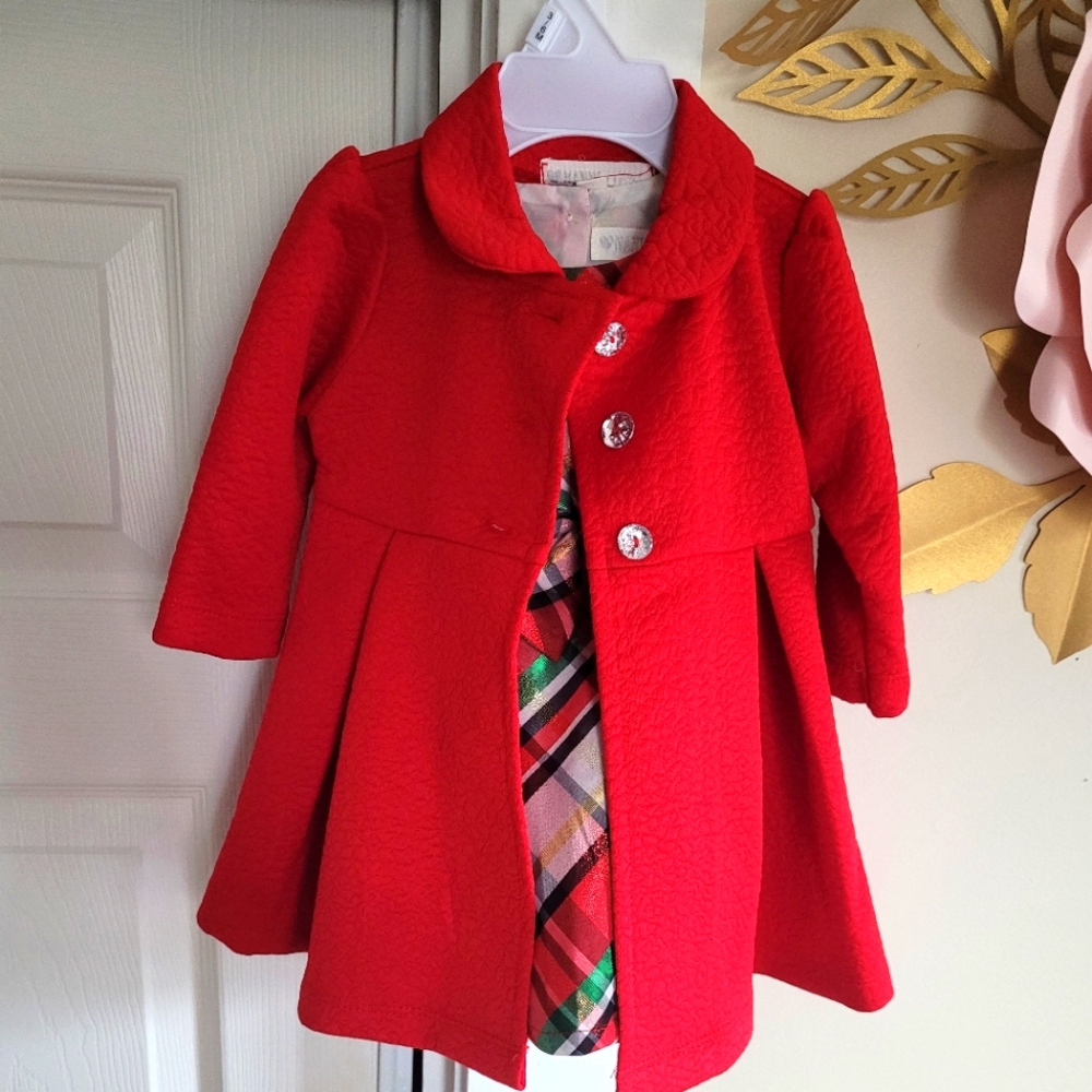 2pc Christmas Dress (3-6 months), red pea coat, green red white plaid dress